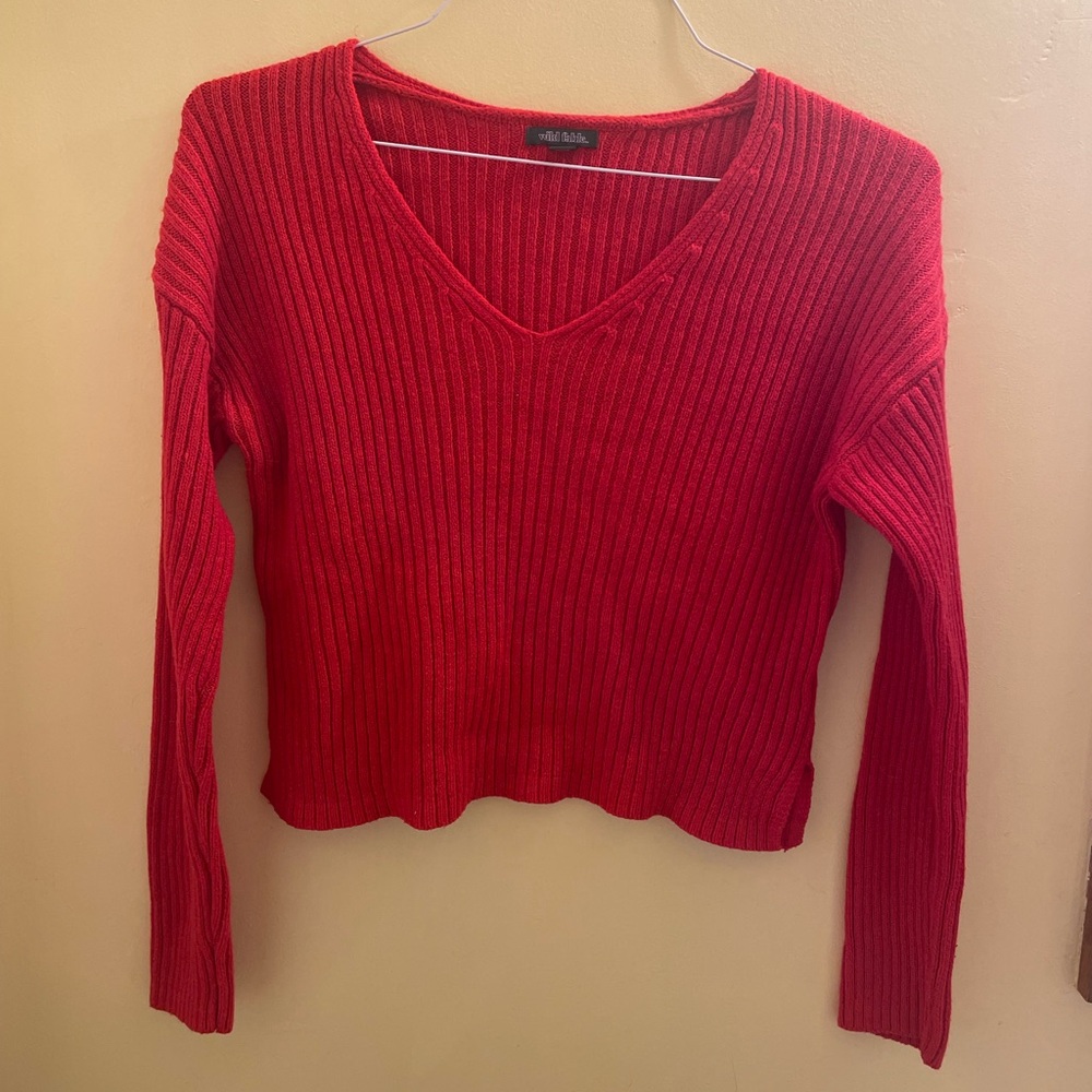 wild fable Red Ribbed V-Neck Pullover